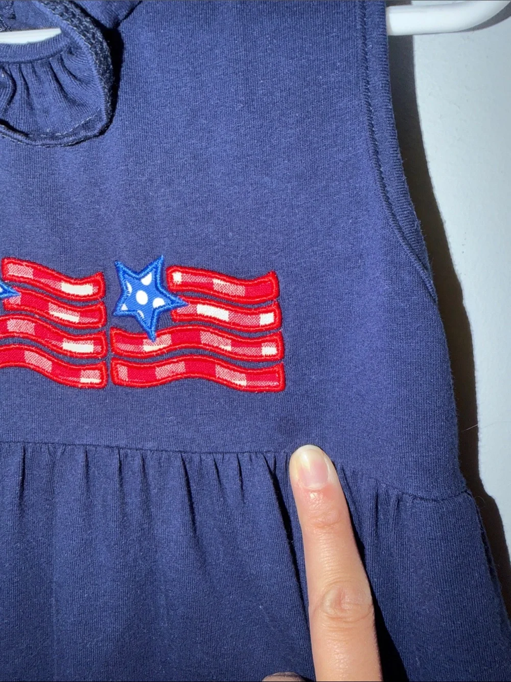 Stitchy Fish Girls Ruffle Tank Dress Size 3T Navy Blue Patriotic Flag Appliqué